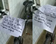 Bicicleta furtada reaparece com bilhete de pedido de desculpas, na PB