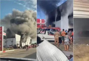 Incêndio de grandes proporções atinge lojas de pneus e tecidos na cidade de São Bento durante a manhã deste sábado (24); veja vídeo