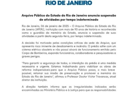 Arquivo Público do Rio vai fechar por risco de incêndio e desabamento