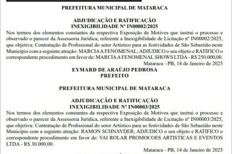 Prefeitura de Mataraca gasta R$ 280 mil com shows de Márcia Fellipe e Ramon Schnayder